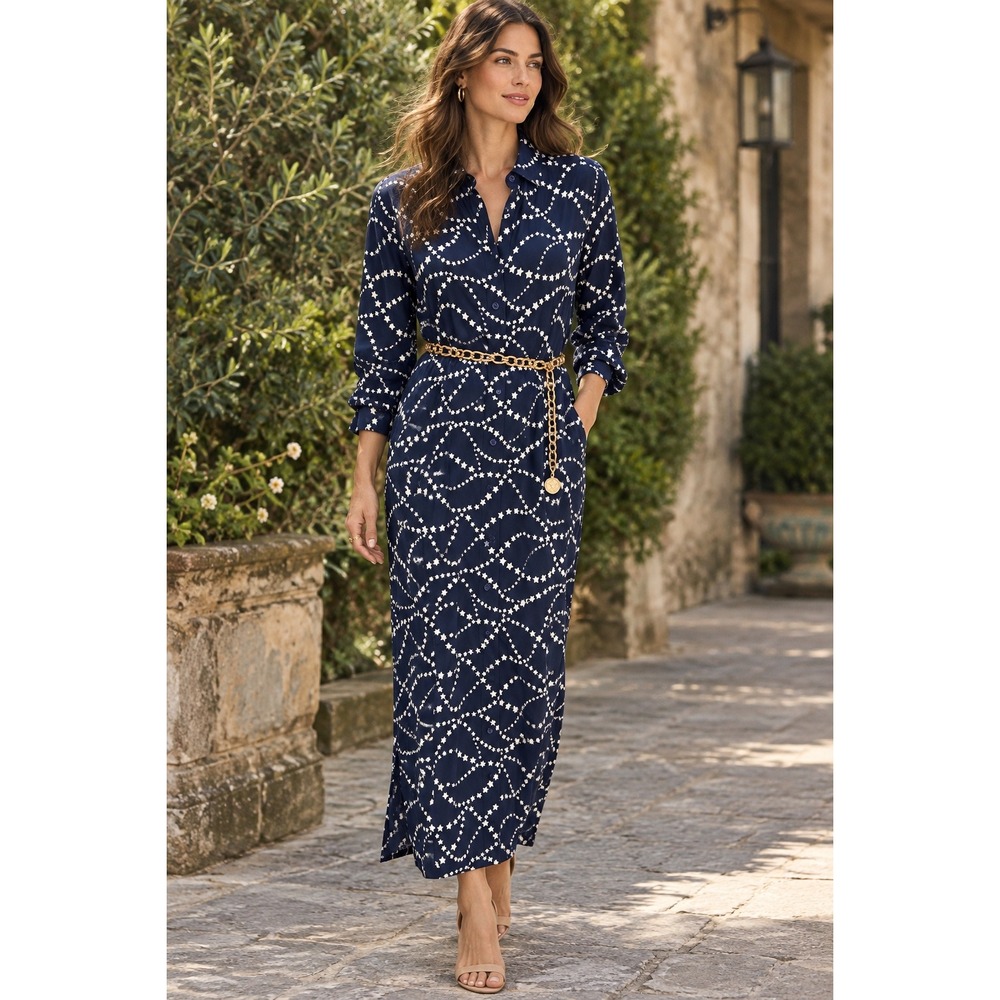 Equipment Femme Long Shirt Dress Medium Celestial Stars Silk Maxi Quiet Luxury